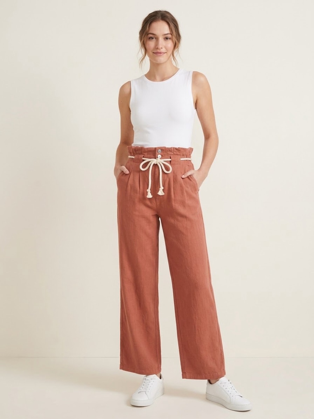 Veronica Beard Jeans Karter High Rise Paperbag Linen Blend Drawstring Crop Pants